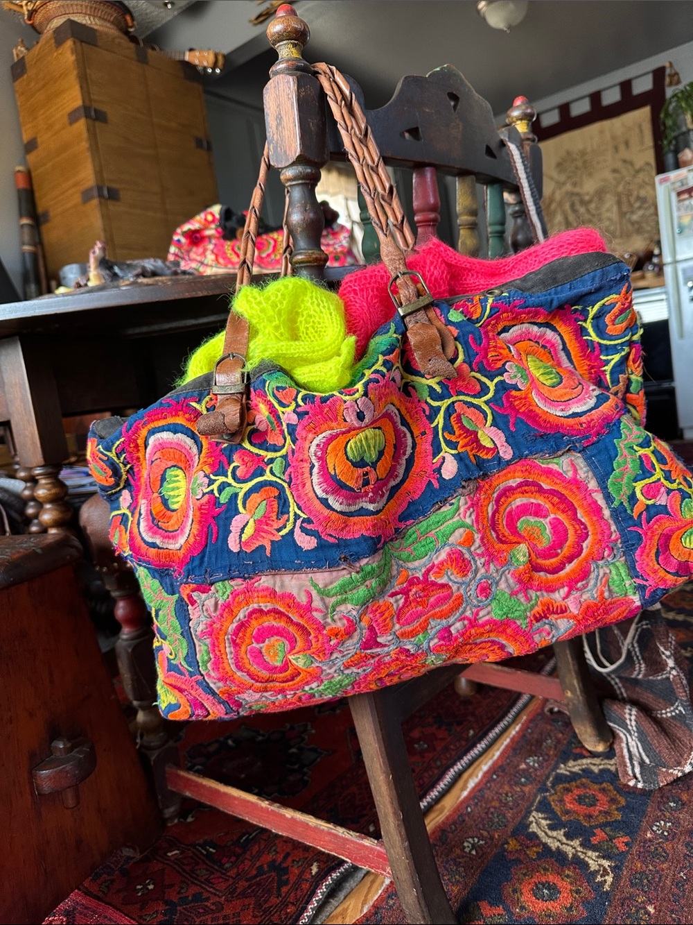 🇹🇭 Vibrant Multicolor Embroidered OOAK boho Braided Leather shoulder Handle Bag